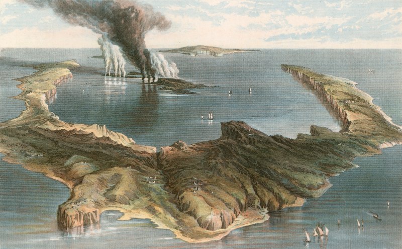 Podmořská sopka - ostrov Santorini, během erupce v roce 1866 od English School