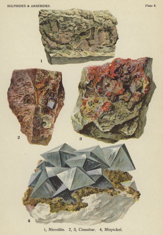 Sulfidy a arsenidy, nikolit, rumělka, mispickel (barva litho) od English School