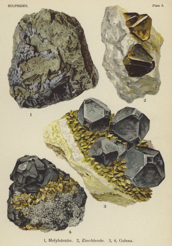Sulfidy, molybdenit, zinková směs, galenit (barva lito) od English School