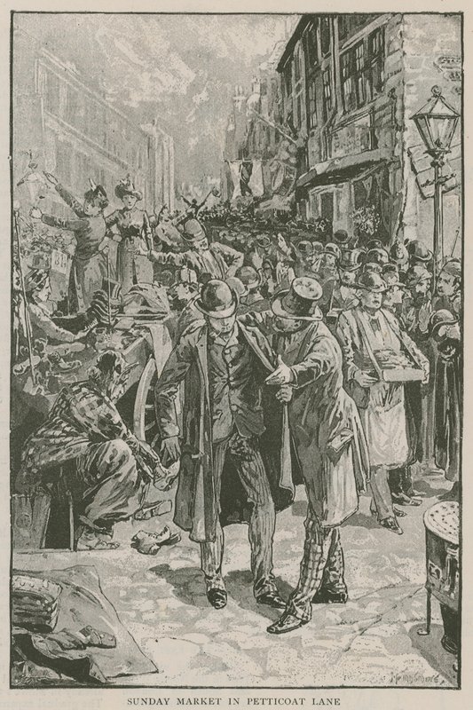 Nedělní trh v Petticoat Lane od English School