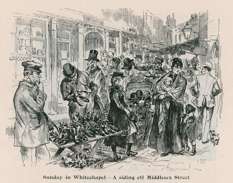 Neděle ve Whitechapel - vedlejší kolej z Middlesex Street v Londýně od English School