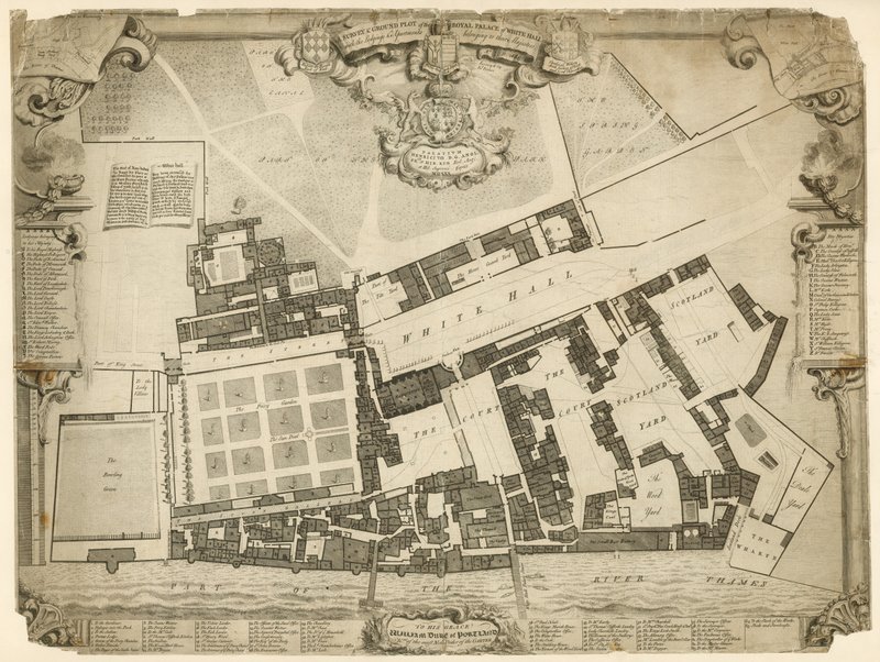 Průzkum a půdorys královského paláce Whitehall, 1680, s ubytováním a apartmány patřícími jejich Veličenstvu od English School