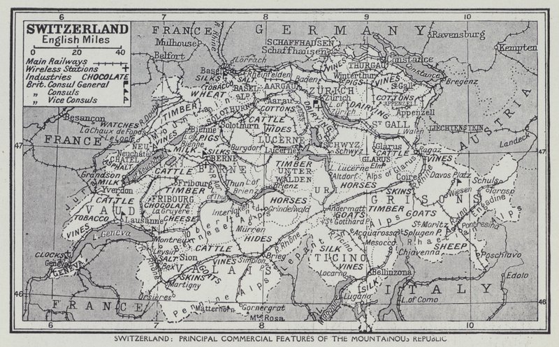 Švýcarsko, Hlavní obchodní rysy Horské republiky (litografie) od English School