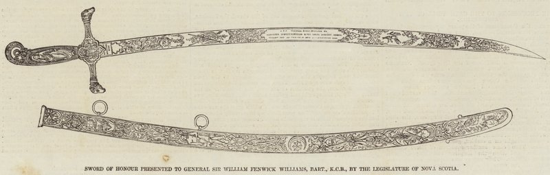 Čestný meč udělený generálu siru Williamu Fenwicku Williamsovi, baronetovi, KCB, zákonodárným sborem Nového Skotska (rytina) od English School