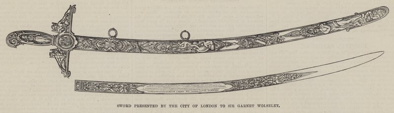 Meč předložený City of London siru Garnetu Wolseleymu (rytina) od English School
