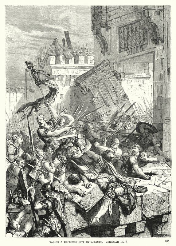 Obsazení bráněného města útokem, Jeremiah IV, 5 (rytina) od English School