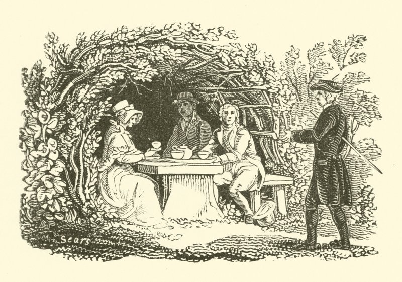 Pití čaje na zahradě (dřevořez) od English School