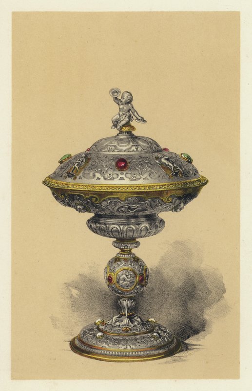 Tazza, s krytem, stříbrná s drahokamy (chromolit) od English School