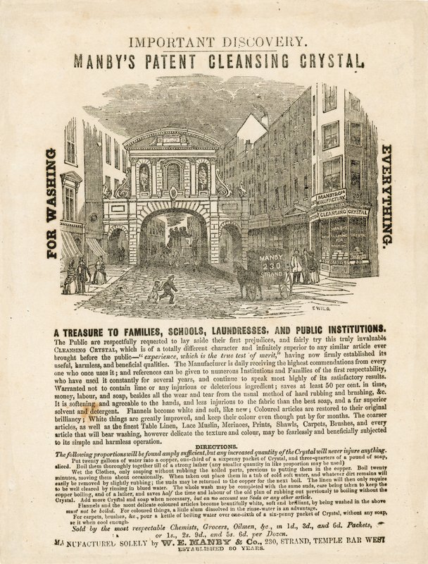 Temple Bar, Londýn. Reklama Manbys Patent Cleansing Crystal od English School
