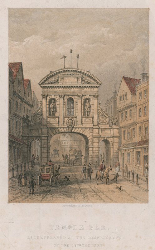 Temple Bar, jak se objevil na začátku 18. století od English School