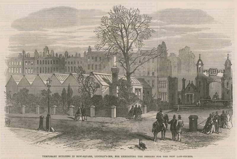 Dočasná budova na New Square, Lincolns Inn, pro vystavení návrhů nových právních soudů od English School