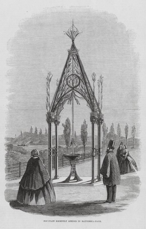Fontána Teulon, Battersea Park, Londýn, Anglie (rytina) od English School