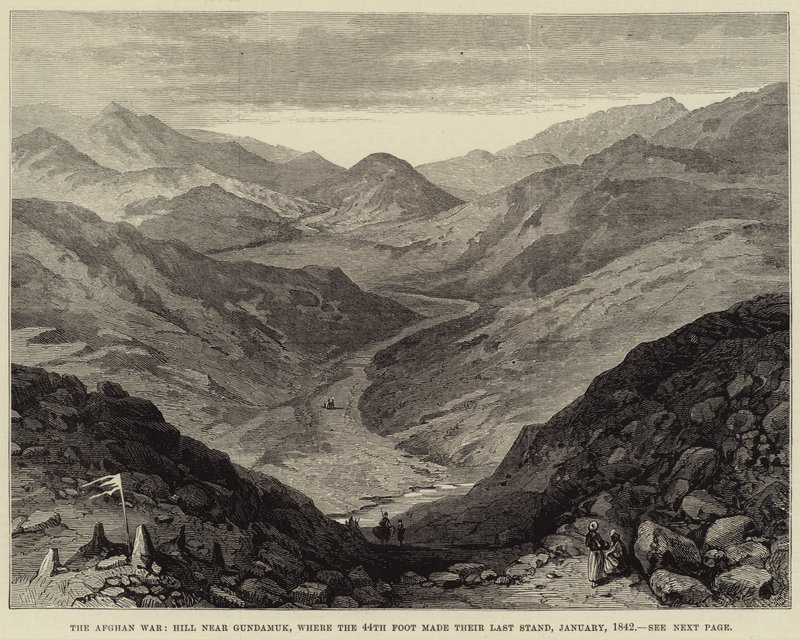 Afghánská válka, kopec u Gundamuku, kde 44th Foot udělali svou poslední obranu, leden 1842 (rytina) od English School