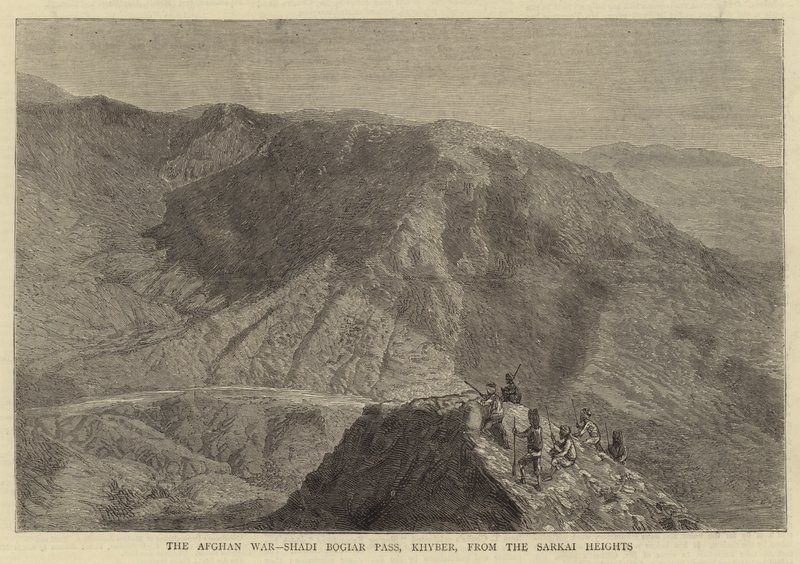 Afghánská válka, průsmyk Šádí Bogiar, Chajbar, z výšin Sarkai (rytina) od English School
