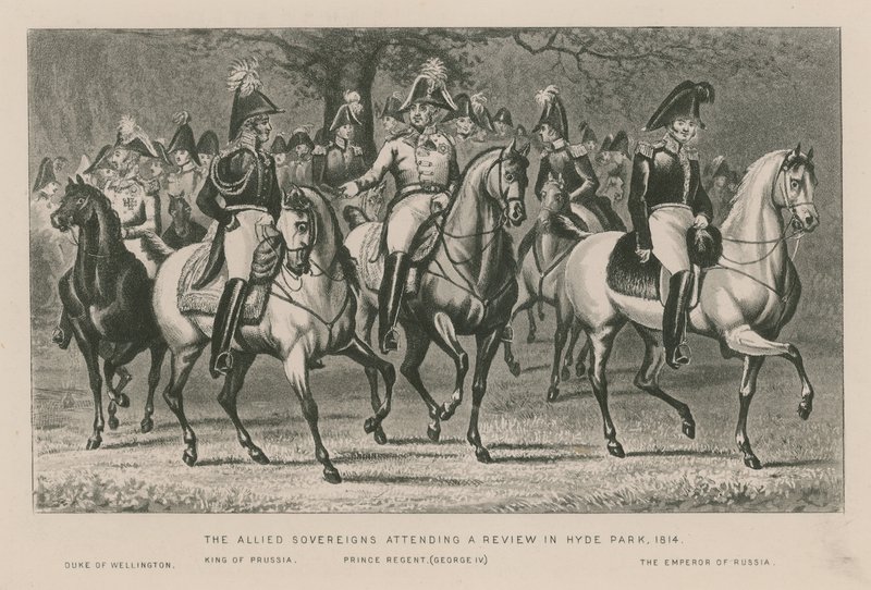 The Allied Sovereigns se účastní revize v Hyde Parku, 1814 od English School