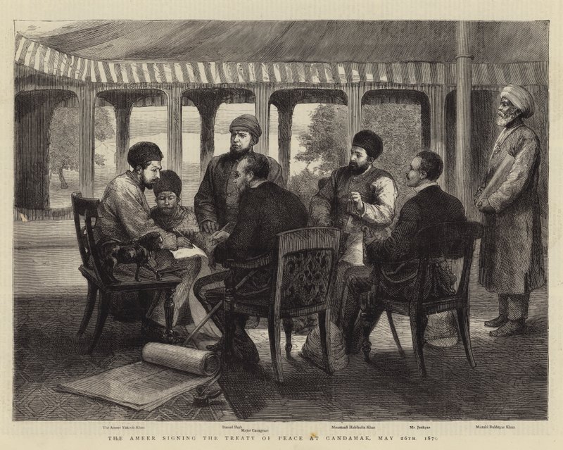 The Ameer podepisuje mírovou smlouvu v Gandamaku, 26. května 1879 (rytina) od English School