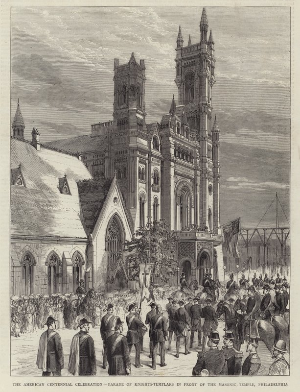 Americká oslava stého výročí, průvod templářských rytířů před zednářským chrámem, Philadelphia (rytina) od English School