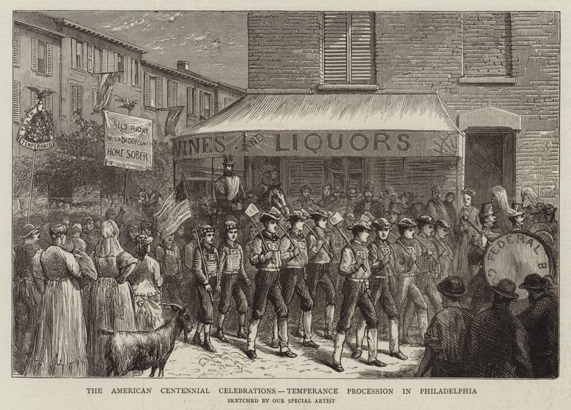 American Centennial Celebrations, Temperance Procession ve Philadelphii (rytina) od English School