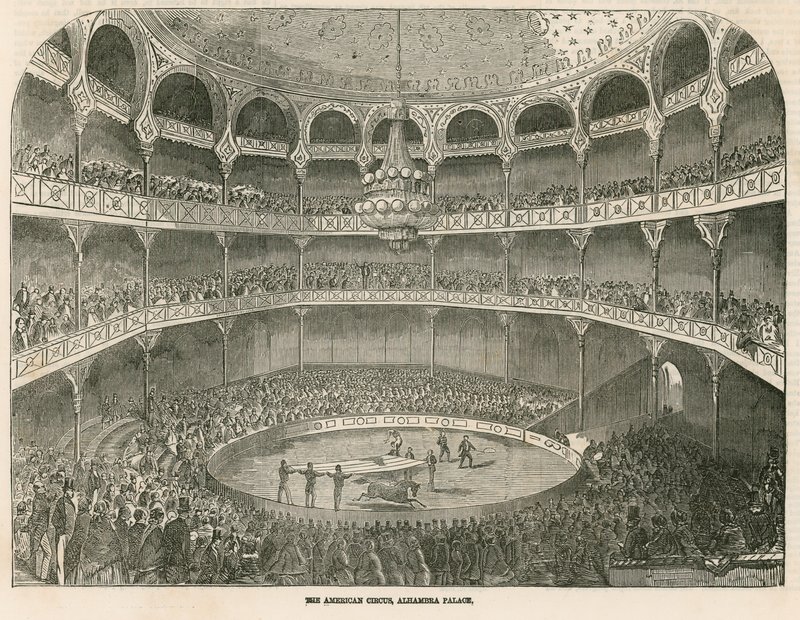 Americký cirkus v paláci Alhambra (divadlo Alhambra), Leicester Square, Londýn od English School