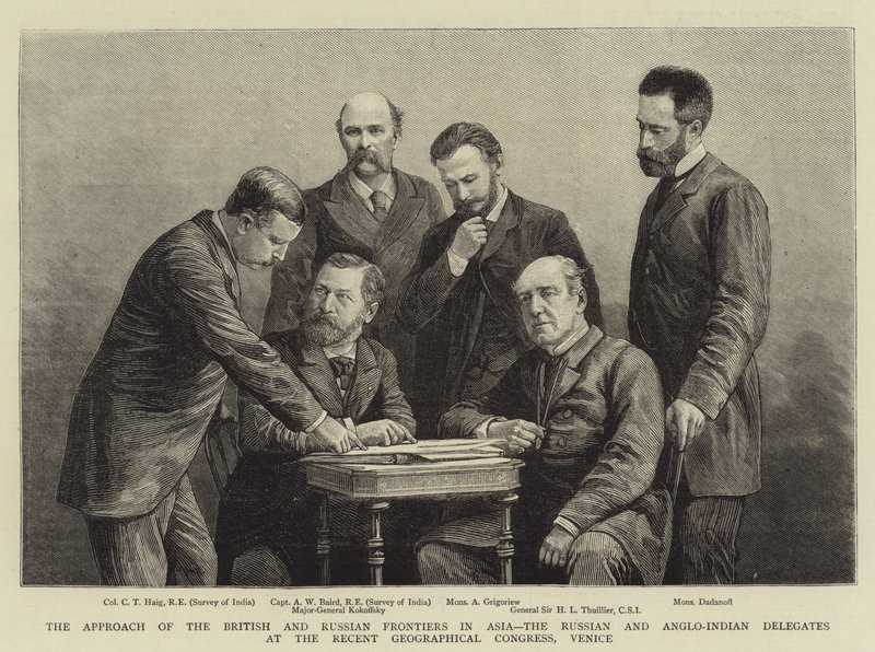 Přístup k britským a ruským hranicím v Asii, ruští a anglo-indičtí delegáti na nedávném geografickém kongresu v Benátkách (rytina) od English School