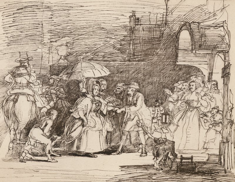 Příjezd bohatého příbuzného, podle Wilkieho, kresba perem a tuší (litografie) od English School