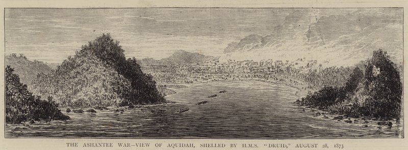Válka v Ashantee, Pohled na Aquidah, ostřelovaná HMS "Druid", 28. srpna 1873 (rytina) od English School