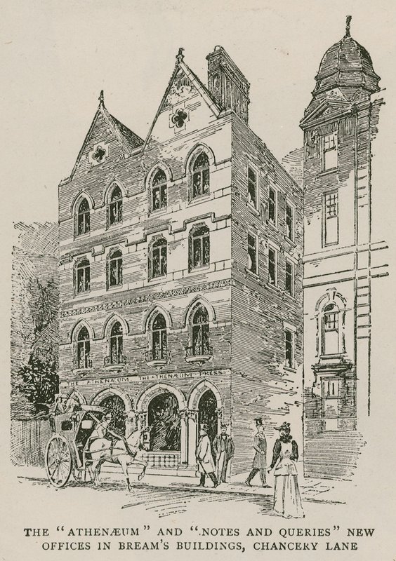 Nové kanceláře The Athenaeum a Notes and Queries v Breams Buildings, Chancery Lane, Londýn od English School