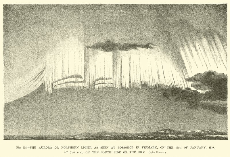 Aurora nebo Northern Light, jak je vidět na Bossokop ve Finmarku, 19. ledna 1839, v 19:40, na jižní straně oblohy od English School
