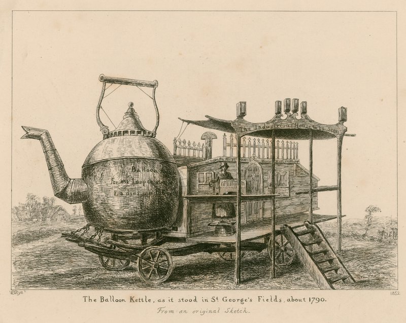 Balloon Kettle, jak stála v St Georges Fields, Londýn, kolem roku 1790 od English School