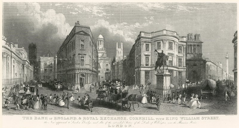 Bank of England a Royal Exchange, Cornhill, s King William Street od English School