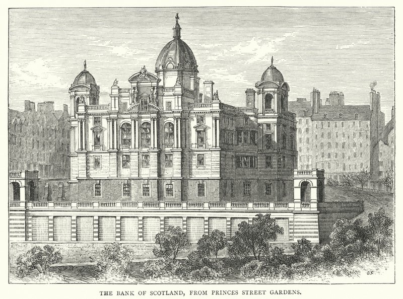 Bank of Scotland, z Princes Street Gardens (rytina) od English School