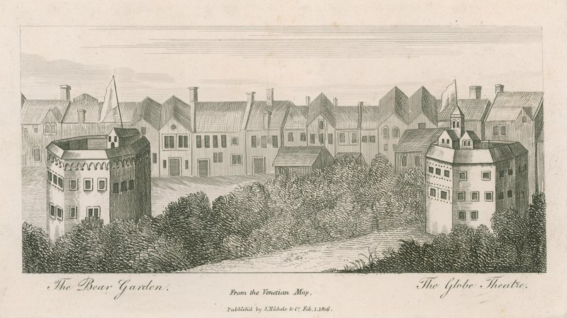 Medvědí zahrada a zeměkoule, Bankside, Londýn, z benátské mapy od English School