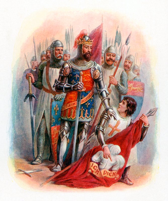 Černý princ nalézající prapor českého krále na bitevním poli u Crecy od English School