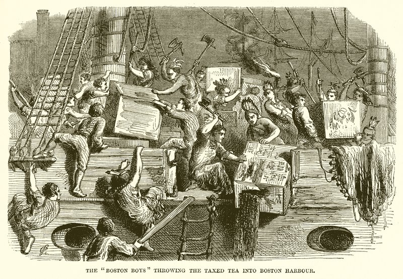 Boston Boys hází Taxed Tea do Boston Harbor od English School