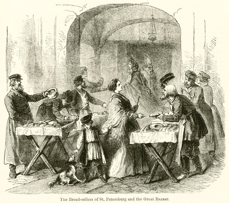 Petrohradští prodavači chleba a Velký bazar (rytina) od English School