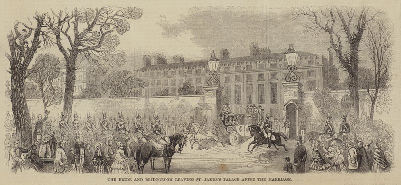 Nevěsta a ženich opouštějí palác svatého Jakuba po svatbě (rytina) od English School
