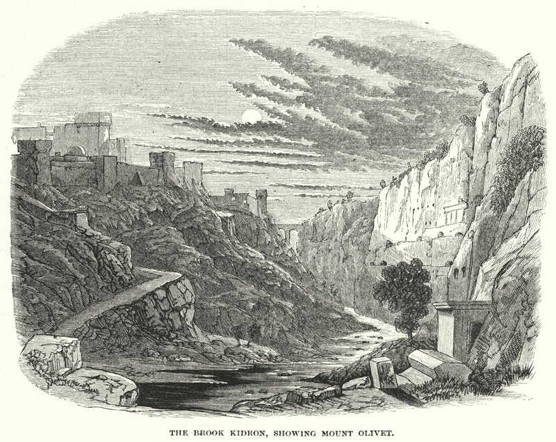 Brook Kidron, zobrazující Olivetskou horu (rytina) od English School