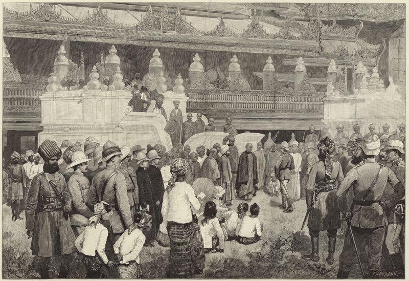 Buddhistický arcibiskup z Barmy přijímá sira Fredericka Robertse v klášteře v Mandalay od English School