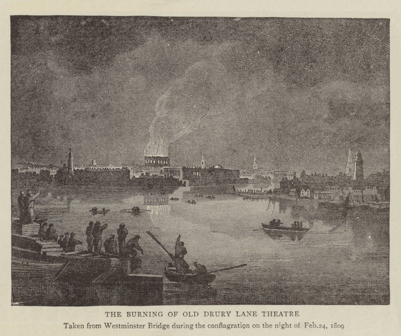 The Burning of Old Drury Lane Theatre (rytina) od English School