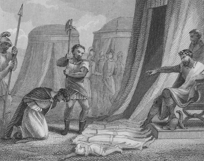 Byzantský císař Maurice, který má být popraven uzurpátorem Phocasem, když před sebou viděl zabitých svých pět dětí, 602 od English School