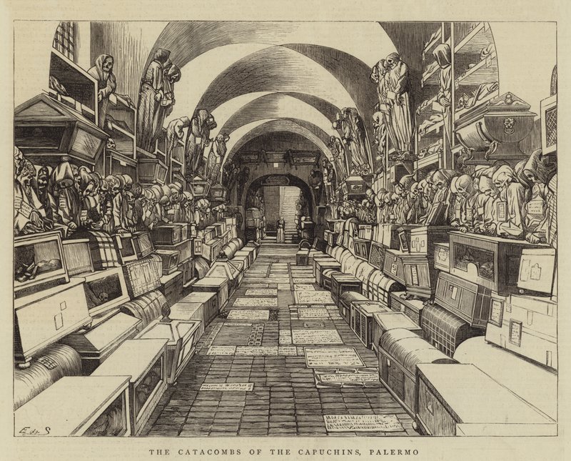 Katakomby kapucínů, Palermo (rytina) od English School