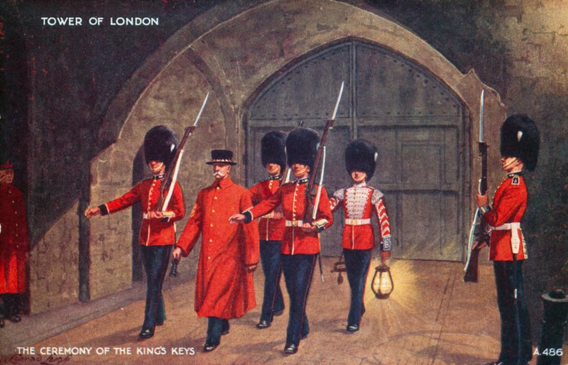 Obřad předávání královských klíčů, Tower of London (barevná litografie) od English School
