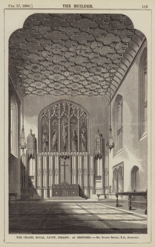 The Chapel Royal, Savoy, Strand, jak restaurováno, pan Sydney Smirke, RA, architekt (rytina) od English School