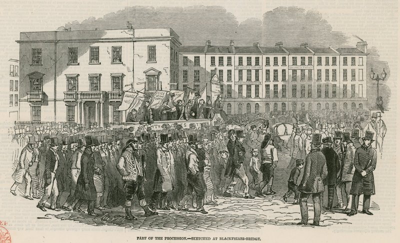 Chartistické setkání na Kennington Common v roce 1848, součást Procesí - načrtnuté na Blackfriars Bridge od English School