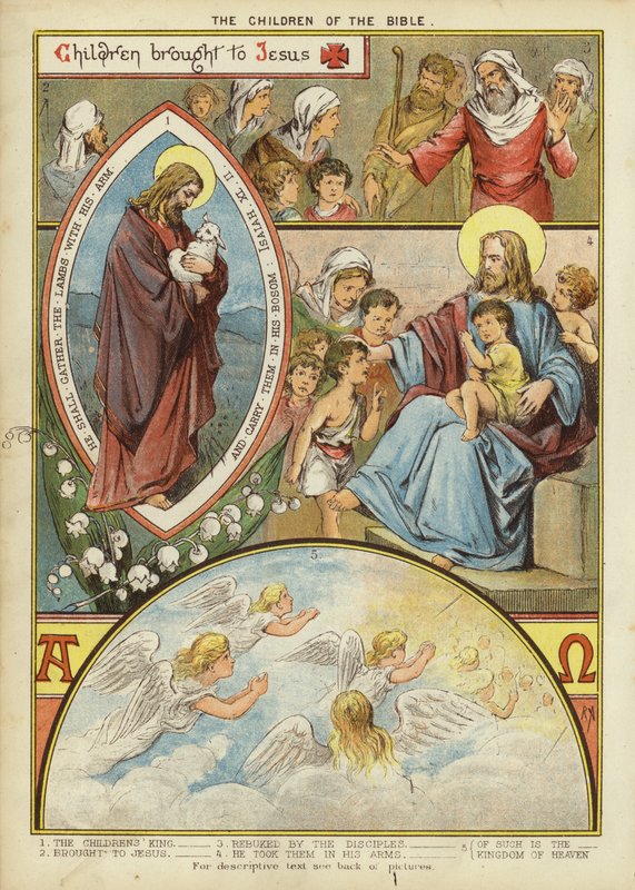 Děti Bible: Děti přivedené k Ježíši (chromolitho) od English School