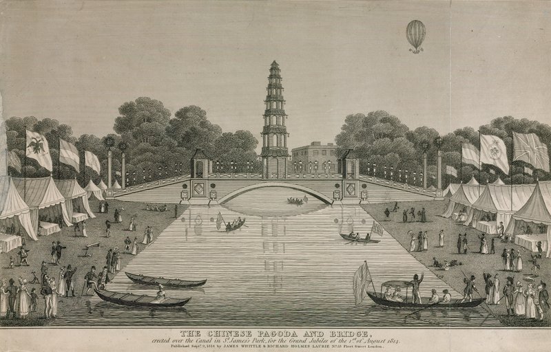Čínská pagoda a most postavený přes kanál v parku St Jamess při příležitosti Velkého jubilea v roce 1814. od English School
