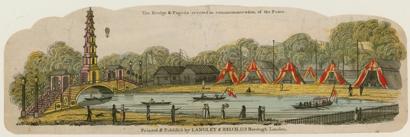Čínská pagoda a most postavený přes kanál v parku St James na památku míru, 1. srpna 1814 od English School