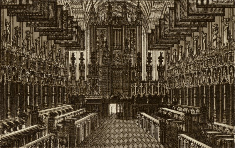 Sbor, při pohledu na západ, kaple svatého Jiří, Windsor (litho) od English School