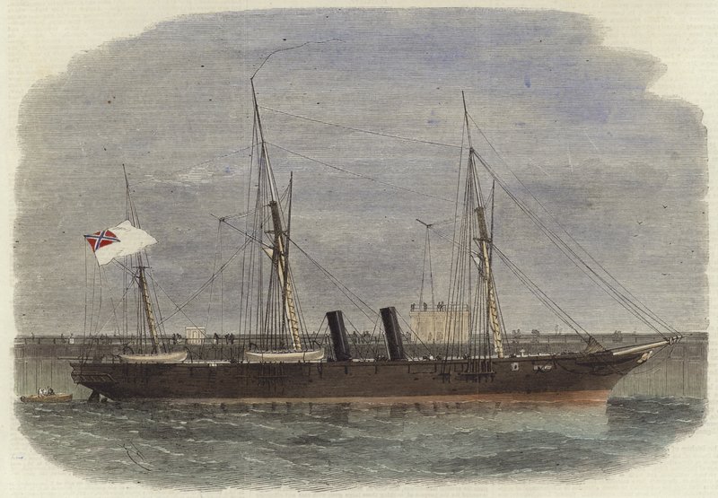 Konfederační šroubový parník Rappahannock ležící na molu v Calais od English School