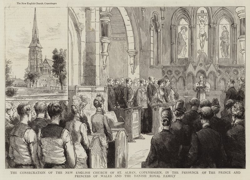 Zasvěcení novoanglického kostela St Alban, Kodaň, za přítomnosti prince a princezny z Walesu a dánské královské rodiny (rytina) od English School
